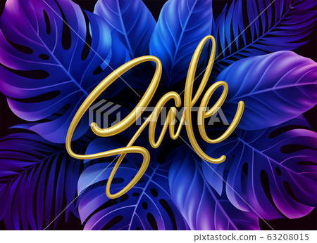 Golden metallic summer sale lettering on a purple bright background from tropical leaves of plants. Vector illustration Golden metallic summer sale lettering on a purple bright background from tropical leaves of plants. Vector illustration 63208015