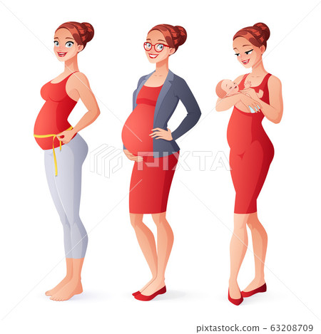 Expectant woman measuring belly, working pregnant businesswoman, mother with newborn. Pregnancy vector illustration. 63208709