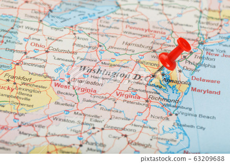 Red clerical needle on the map of USA, South 63209688