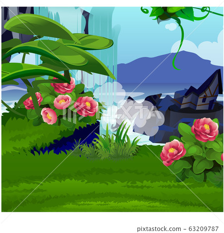 Picturesque landscape with a coast of the lake with green grass and pink flowers. Sketch of a beautiful poster or placard on the theme of wildlife nature. Vector cartoon close-up illustration. Picturesque landscape with a coast of the lake with green grass and pink flowers. Sketch of a beautiful poster or placard on the theme of wildlife nature. Vector cartoon close-up illustration. 63209787