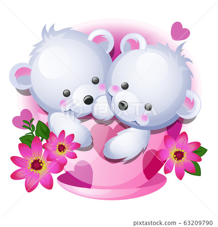 Cute gift or a sketch for a card with little fluffy bears in a porcelain cup with pink flowers isolated on white background. Vector cartoon close-up illustration. Cute gift or a sketch for a card with little fluffy bears in a porcelain cup with pink flowers isolated on white background. Vector cartoon close-up illustration. 63209790