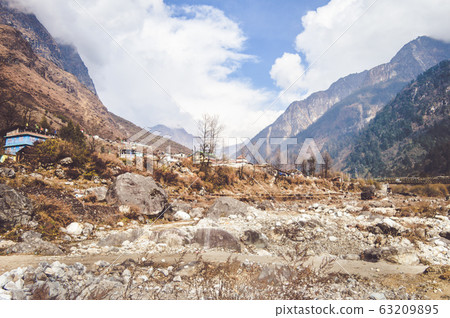 Picturesque mountain valley landscape scenery in one summer morning panoramic view. 63209895