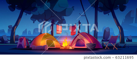 Summer camp with tent, campfire and lake Summer camp with tent, campfire and lake 63211695