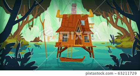 Stilt house in swamp with boat 63211729
