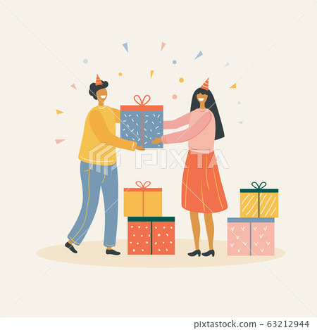 Man gives girl a birthday present vector illustration 63212944