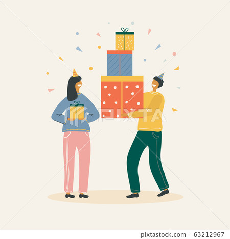 Happy People Carry Gift Boxes Wrapped with Festive Bows. 63212967