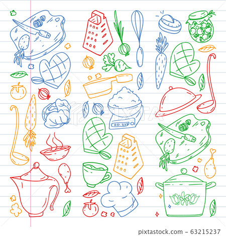 Pattern with gastronomy icons, vector cuisine and fast food cafe bright background for menu, receipts. Colorful, pictures on a sheet of checkered paper on a white background. 63215237