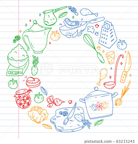 Pattern with gastronomy icons, vector cuisine and fast food cafe bright background for menu, receipts. Colorful, pictures on a sheet of checkered paper on a white background. Pattern with gastronomy icons, vector cuisine and fast food cafe bright background for menu, receipts. Colorful, pictures on a sheet of checkered paper on a white background. 63215243