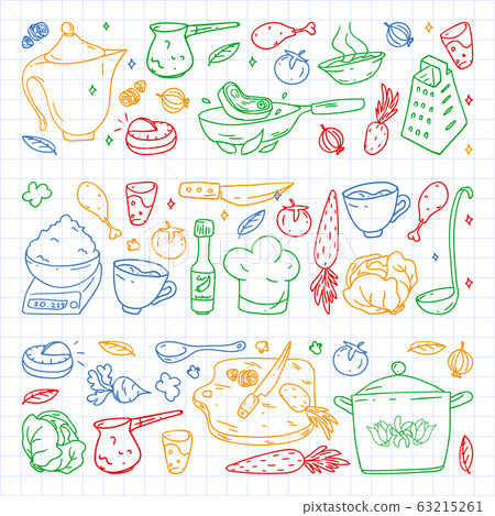 Pattern with gastronomy icons, vector cuisine and fast food cafe bright background for menu, receipts. Colorful, pictures on a sheet of checkered paper on a white background. Pattern with gastronomy icons, vector cuisine and fast food cafe bright background for menu, receipts. Colorful, pictures on a sheet of checkered paper on a white background. 63215261