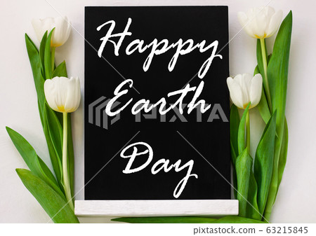 Happy Earth Day April 22 greeting message sign on black chalk board with tulip flowers on white background. World ecology concept card.Saving environment, save clean planet.Blackboard with text,banner 63215845