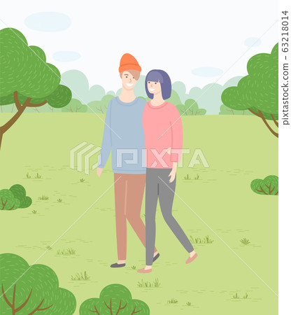 Couple Holding Hands and Walking in Park, Date 63218014