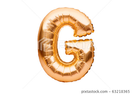 Letter G made of golden inflatable helium balloon isolated on white. Gold foil balloon font part of full alphabet set of upper case letters. Celebrating decoration Letter G made of golden inflatable helium balloon isolated on white. Gold foil balloon font part of full alphabet set of upper case letters. Celebrating decoration 63218365