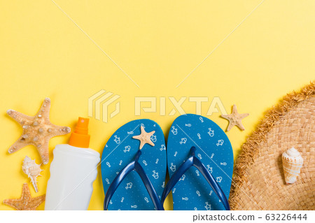 flip flops, straw hat, starfish, sunscreen bottle, 63226444