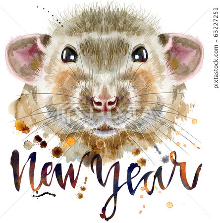 Watercolor portrait of rat with the inscription Watercolor portrait of rat with the inscription 63227251