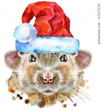 Watercolor portrait of white rat in Santa hat with Watercolor portrait of white rat in Santa hat with 63227254