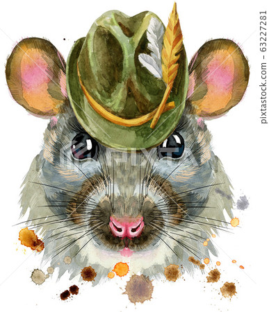 Watercolor portrait of rat in green hat with 63227281