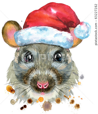 Watercolor portrait of rat in Santa hat with Watercolor portrait of rat in Santa hat with 63227282