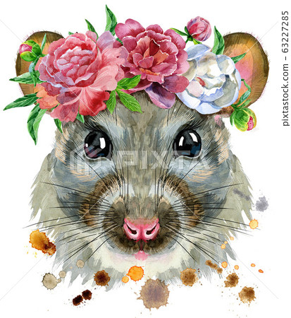 Watercolor portrait of rat in a wreath of peonies 63227285