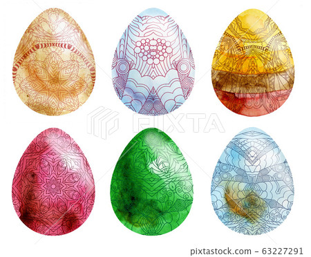 Happy Easter. Watercolor easter eggs spring lace 63227291