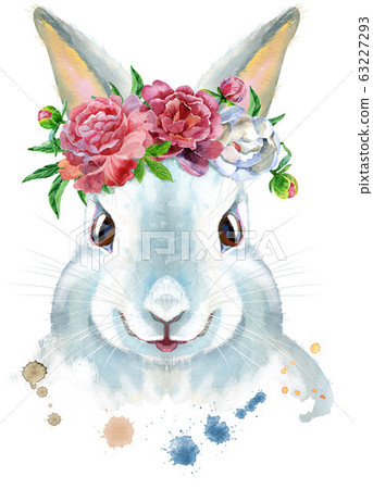 Watercolor illustration of a white rabbit with 63227293