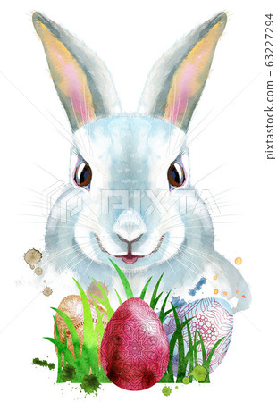 Watercolor illustration of a white rabbit with Watercolor illustration of a white rabbit with 63227294