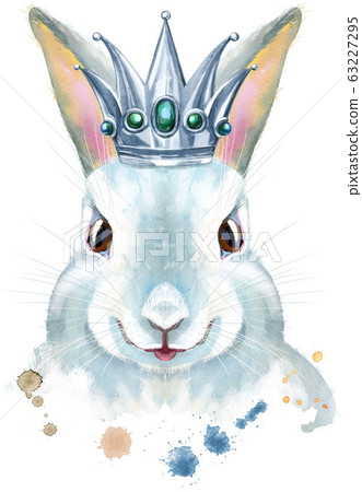 Watercolor illustration of a white rabbit with Watercolor illustration of a white rabbit with 63227295