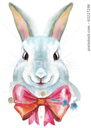 Watercolor illustration of a white rabbit with Watercolor illustration of a white rabbit with 63227296