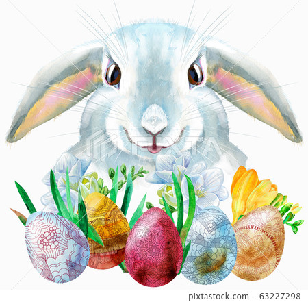Watercolor illustration of a beige rabbit with 63227298