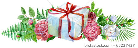 Watercolor llustration with gift box and peonies. Watercolor llustration with gift box and peonies. 63227437