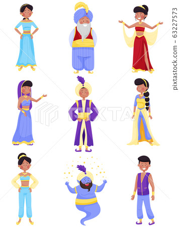 People Characters Wearing East Clothing Vector Illustrations Set 63227573