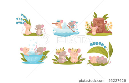 Cartoon Mice Characters Sailing on Boat and Sleeping Vector Set Cartoon Mice Characters Sailing on Boat and Sleeping Vector Set 63227626