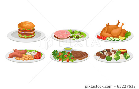 Meat Dishes and Courses Served on Plates with Shashlik and Hamburger Vector Set Meat Dishes and Courses Served on Plates with Shashlik and Hamburger Vector Set 63227632