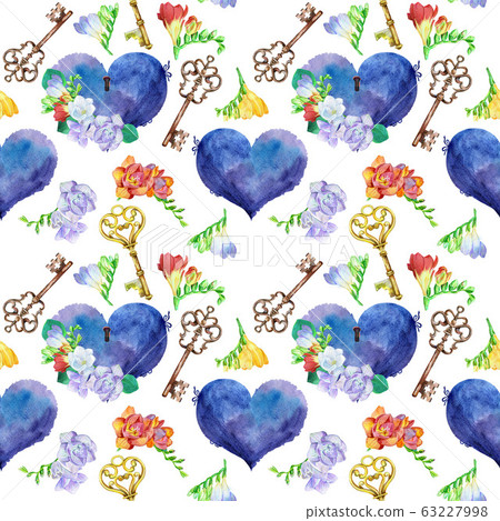 Seamless watercolor pattern with vintage hearts, 63227998