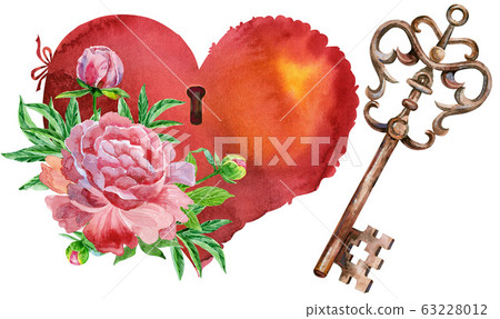 Watercolor vintage Heart, key and peonies isolated 63228012