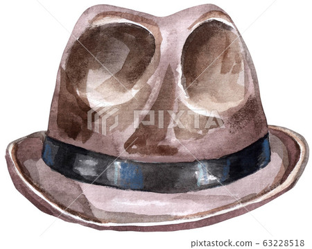Brown men's hat with black ribbon watercolor illustration 63228518