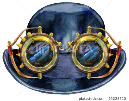 Watercolor black hat bowler with steampunk glasses. Cylinder - headdress. Vintage mens dress. 63228520