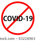 Text COVID-19 is in red circle With red line projected through the circle. Stop COVID-19. Text is in traffic sign. 63228963