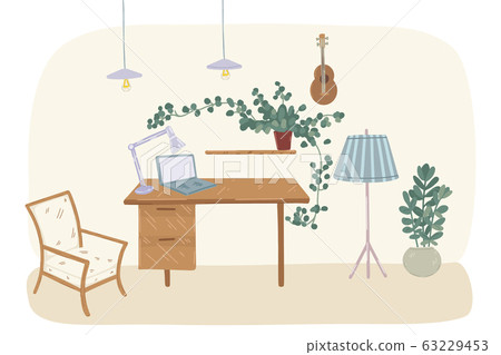 Cozy home office interior in scandinavian... - Stock Illustration ...