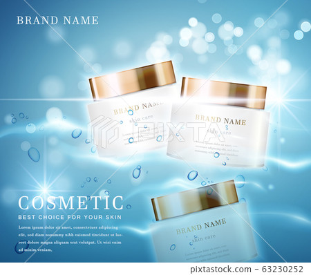 3D elegant cosmetic bottle container with shiny water glimmering background template banner. 63230252