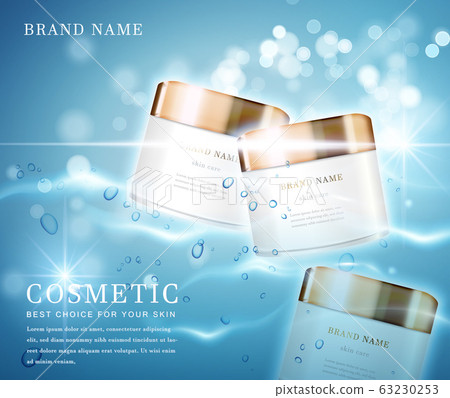 3D elegant cosmetic bottle container with shiny water glimmering background template banner. 3D elegant cosmetic bottle container with shiny water glimmering background template banner. 63230253