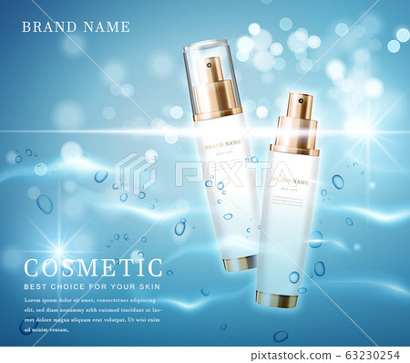 3D elegant cosmetic bottle container with shiny water glimmering background template banner. 3D elegant cosmetic bottle container with shiny water glimmering background template banner. 63230254