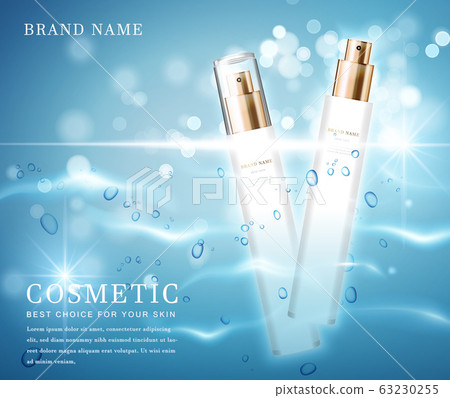 3D elegant cosmetic bottle container with shiny water glimmering background template banner. 3D elegant cosmetic bottle container with shiny water glimmering background template banner. 63230255