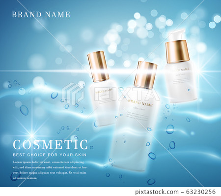3D elegant cosmetic bottle container with shiny water glimmering background template banner. 63230256