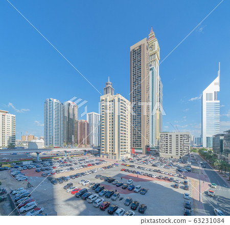 Aerial view of Dubai Downtown skyline with parking 63231084