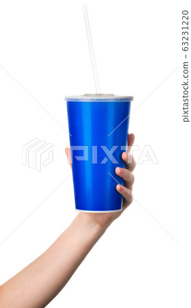 Woman hand holding blue cup isolated on white background Woman hand holding blue cup isolated on white background 63231220