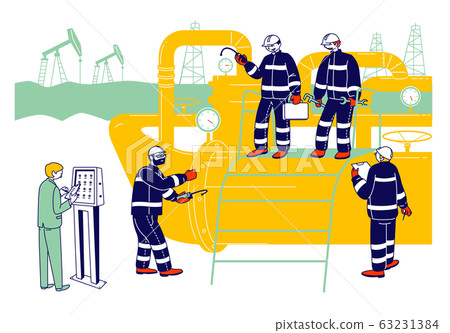 Gas Industry Concept with Male Characters Working on Pipeline. Engineer Control Pipe, Workers in Uniform and Hardhats Gas Industry Concept with Male Characters Working on Pipeline. Engineer Control Pipe, Workers in Uniform and Hardhats 63231384