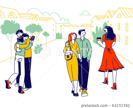 Treason, Perfidy and Love Triangle Concept. People with Soulmates Walking on Street Looking on other Attractive Persons Treason, Perfidy and Love Triangle Concept. People with Soulmates Walking on Street Looking on other Attractive Persons 63231392