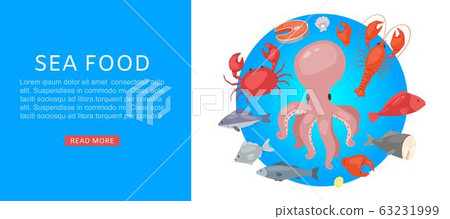 Sea food market with tuna, salmon, clams, crab, lobster cartoon vector illustration for web. Sea food market with tuna, salmon, clams, crab, lobster cartoon vector illustration for web. 63231999