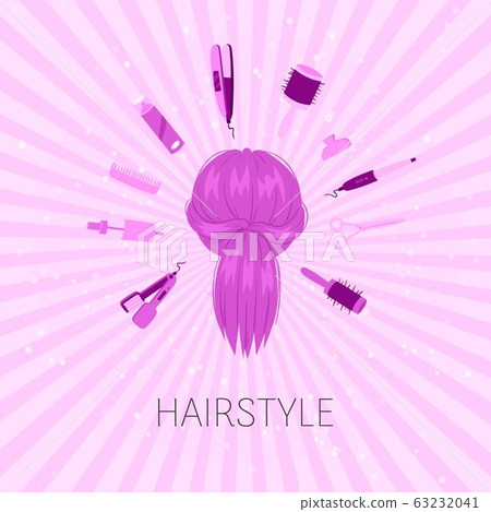 Hairstyle salon, beauty studio background, hair tools, fan, brushes and shampoo vector illustration. Hairstyle salon, beauty studio background, hair tools, fan, brushes and shampoo vector illustration. 63232041