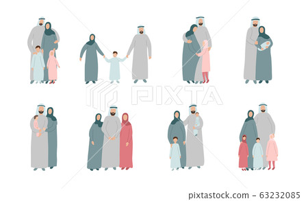 Set of different Muslim families. Arabian parents with kids in traditional islamic clothes. Cartoon vector characters isolated on white background 63232085